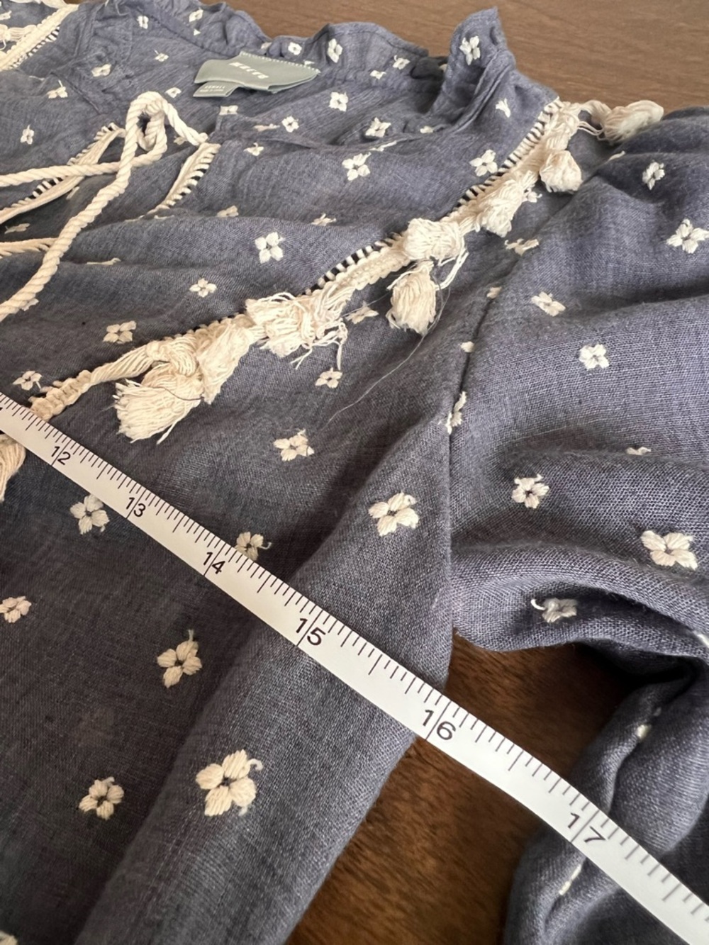 Maeve Anthropologie Boho Blouse XS Blue Embroidered Tassel Tie Top Small Flaw - Picture 8 of 10